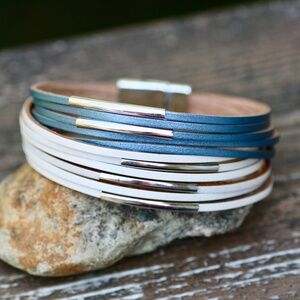 Blue White Faux Leather Cuff Bracelet Magnetic Clasp , Wide Bangle Bracelet